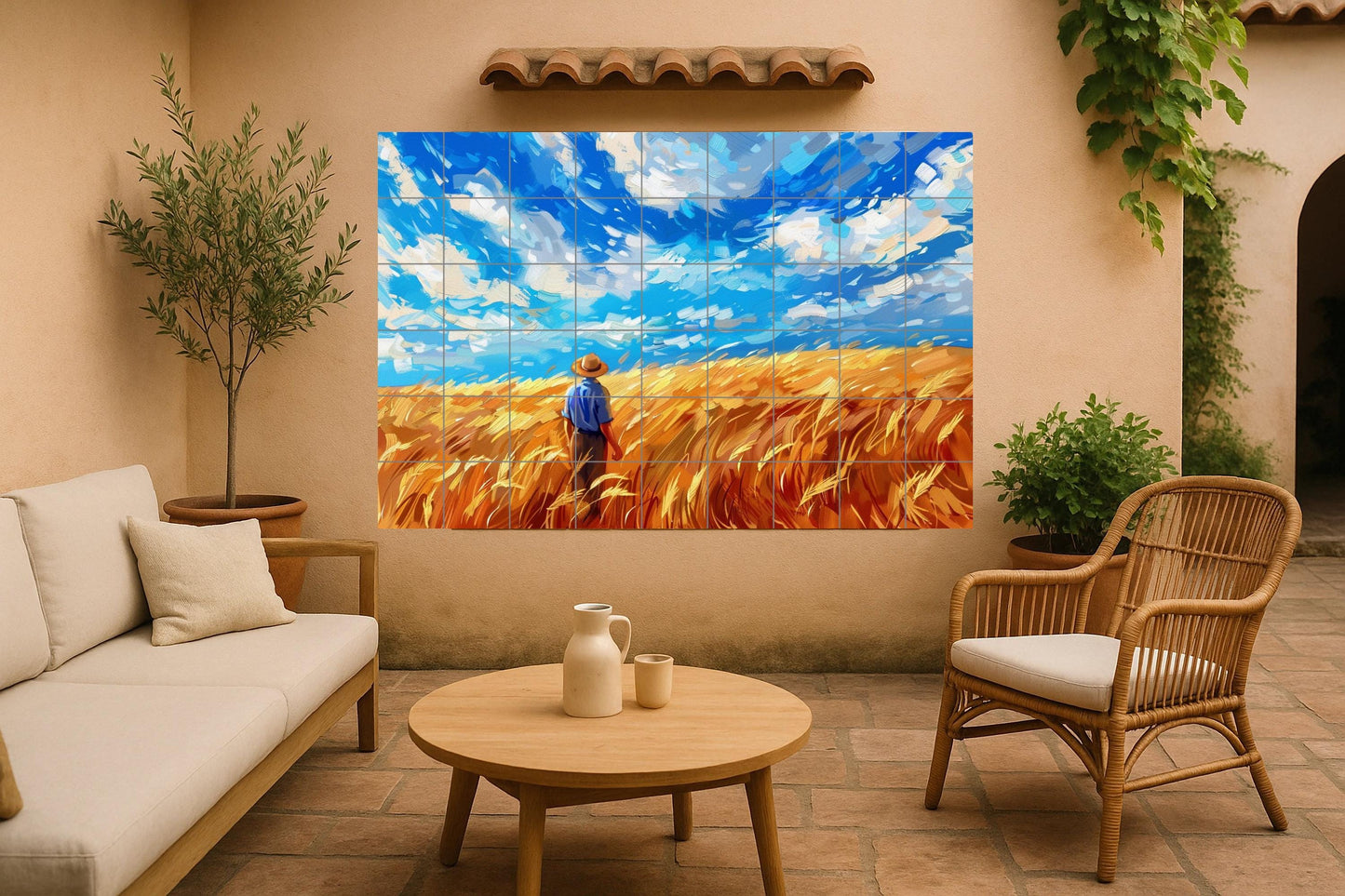 Van Gogh-style wheat field mural • French Provençal sky ceramic • Peasant art panel • Bold post-impressionist tile wall decoration