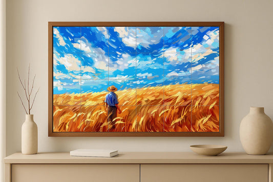 Van Gogh-style wheat field mural • French Provençal sky ceramic • Peasant art panel • Bold post-impressionist tile wall decoration
