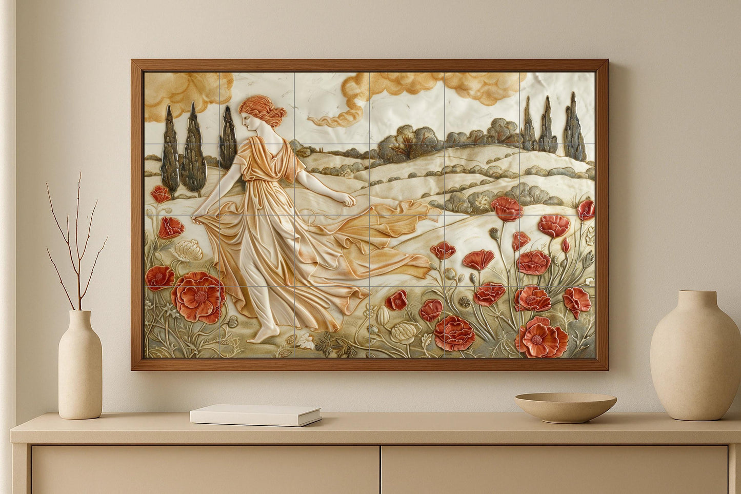 Classical Roman tile mural • Relief art of an Italian poppy field • Ceramic wall decoration with cypress tree • Renaissance countryside panel