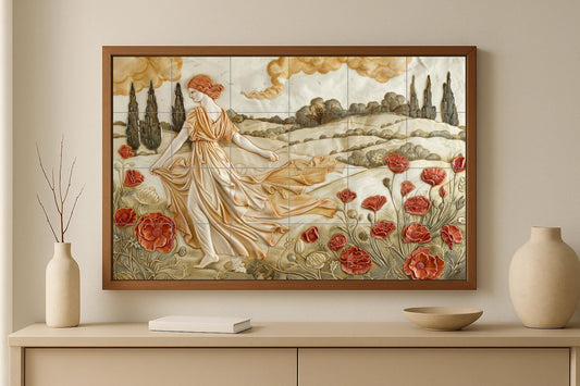 Classical Roman tile mural • Relief art of an Italian poppy field • Ceramic wall decoration with cypress tree • Renaissance countryside panel