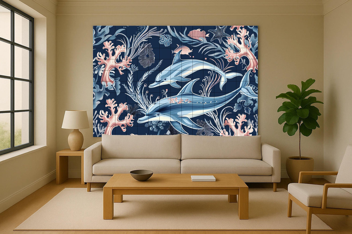 Tropical Ocean Tile Mural • Caribbean Dolphin Ceramic Wall Art • Coral Reef Fish Scene • Underwater Marine Decor • Coastal Blue Panel