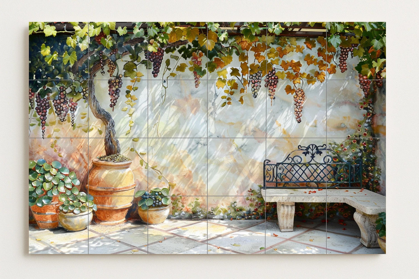 Patio tile mural with Tuscan vineyard • Ceramic Italian terrace grapes • Mediterranean garden art with bench • Rustic patio wall decor