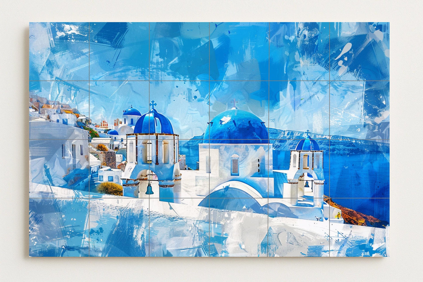 Tile mural with blue domes from Santorini • Ceramic panel of a church on a Greek island • Wall art with the Aegean Sea horizon • Summer home decor in the Cyclades