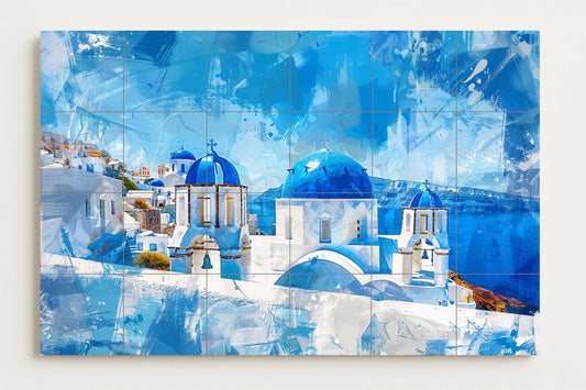 Tile mural with blue domes from Santorini • Ceramic panel of a church on a Greek island • Wall art with the Aegean Sea horizon • Summer home decor in the Cyclades