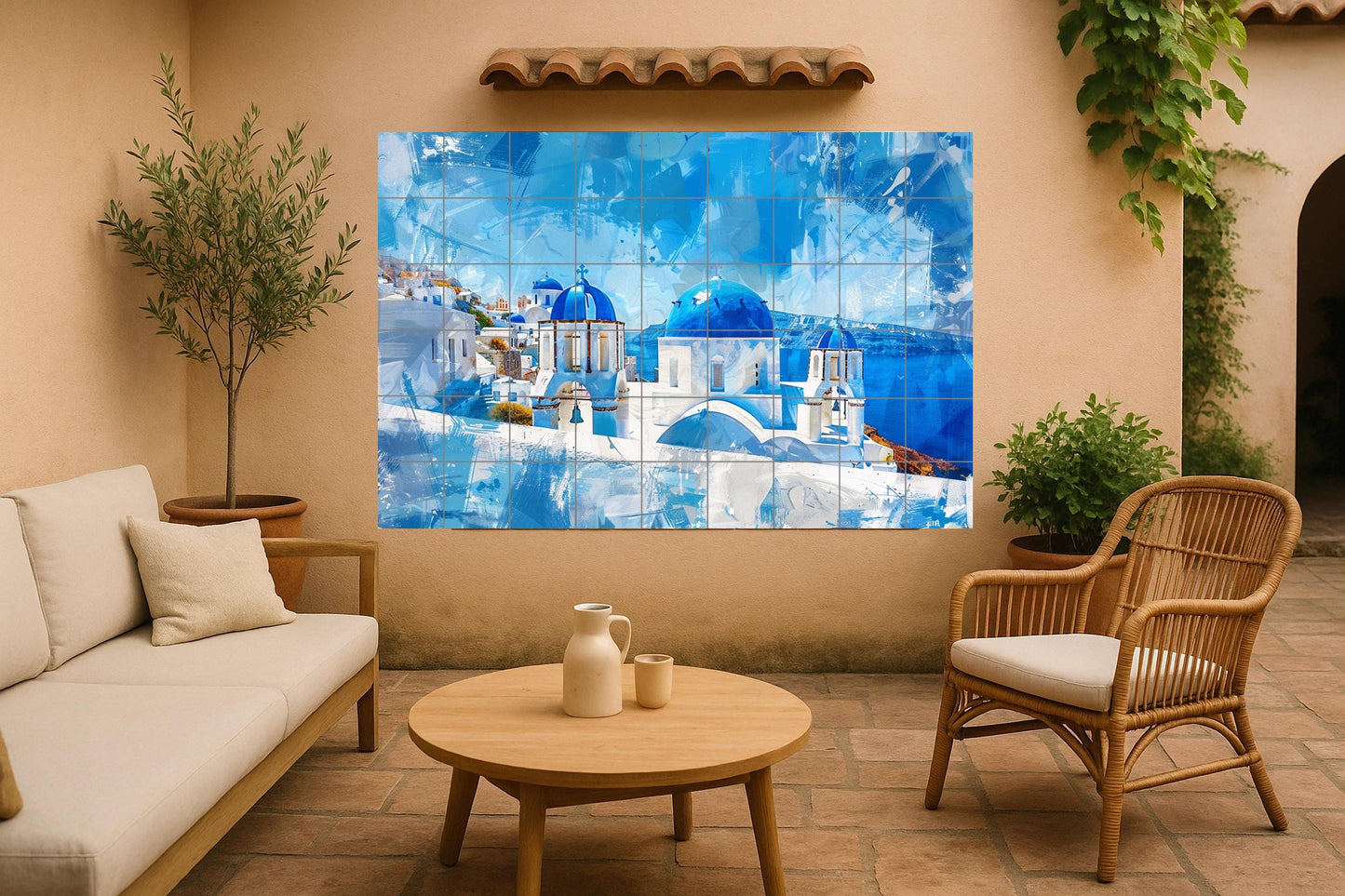 Tile mural with blue domes from Santorini • Ceramic panel of a church on a Greek island • Wall art with the Aegean Sea horizon • Summer home decor in the Cyclades