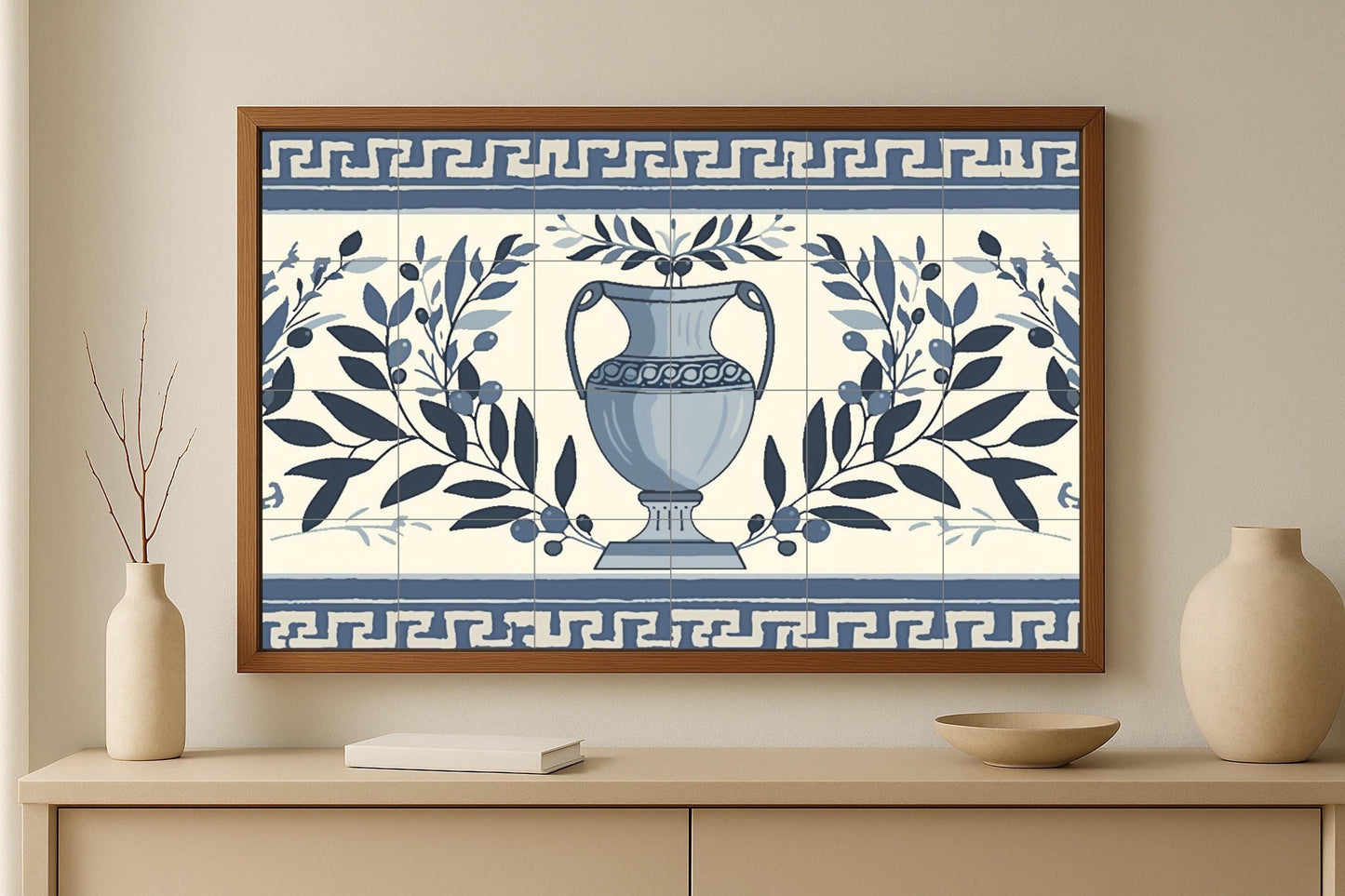 Tile mural with Greek olive vase • Hellenic ceramic kitchen panel • Santorini meander border wall art • Classical ceramic decoration