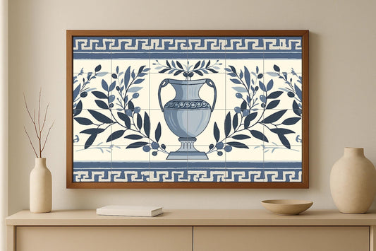 Tile mural with Greek olive vase • Hellenic ceramic kitchen panel • Santorini meander border wall art • Classical ceramic decoration