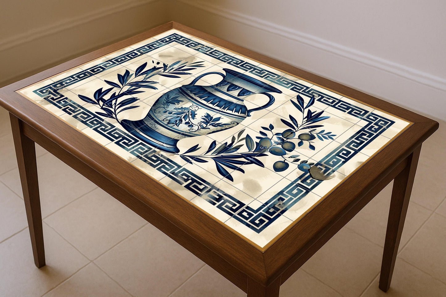 Greek amphora tile mural • Ceramic olive branch and meander border • Athenian blue wall art • Mediterranean ceramic kitchen decor