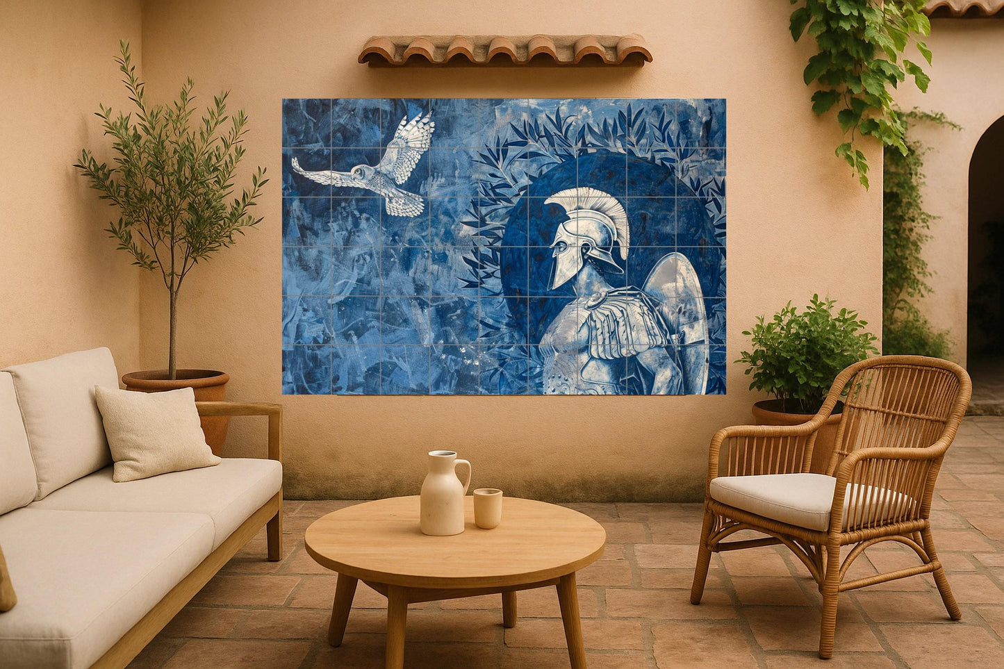Spartan warrior tile mural • Greek ceramic helmet inspired by Athens • Olive tree and owl wall art • Classical mythology blue panel decoration