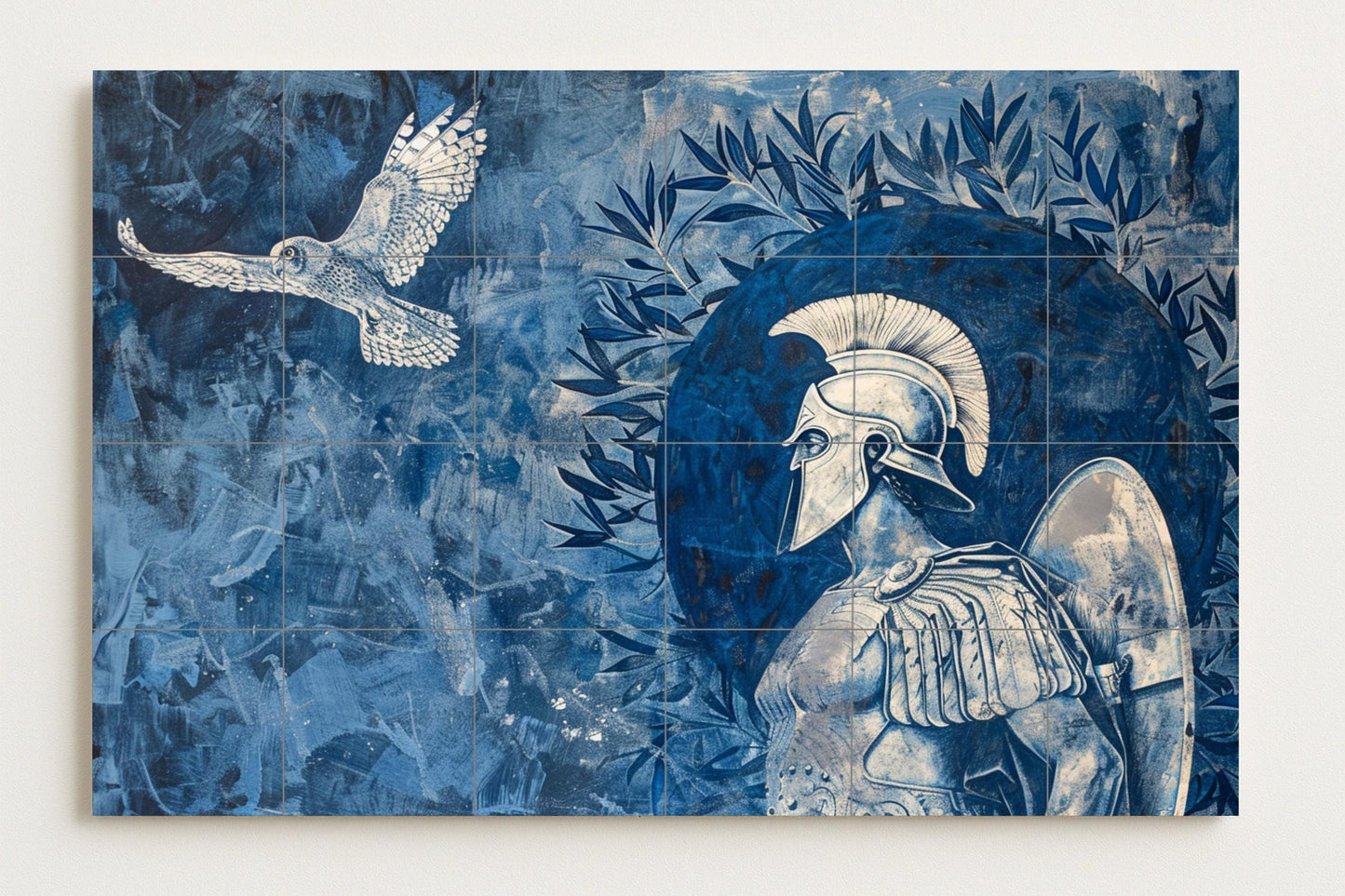 Spartan warrior tile mural • Greek ceramic helmet inspired by Athens • Olive tree and owl wall art • Classical mythology blue panel decoration