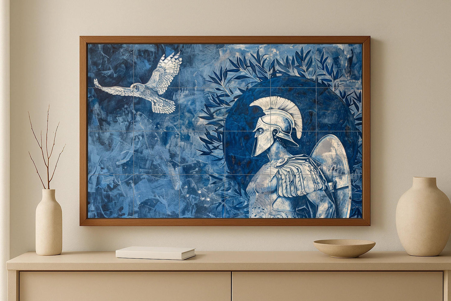 Spartan warrior tile mural • Greek ceramic helmet inspired by Athens • Olive tree and owl wall art • Classical mythology blue panel decoration