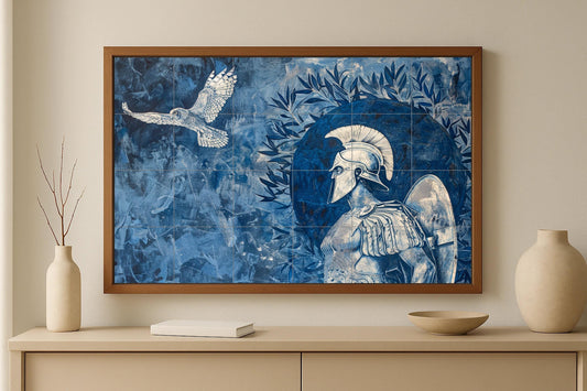 Spartan warrior tile mural • Greek ceramic helmet inspired by Athens • Olive tree and owl wall art • Classical mythology blue panel decoration