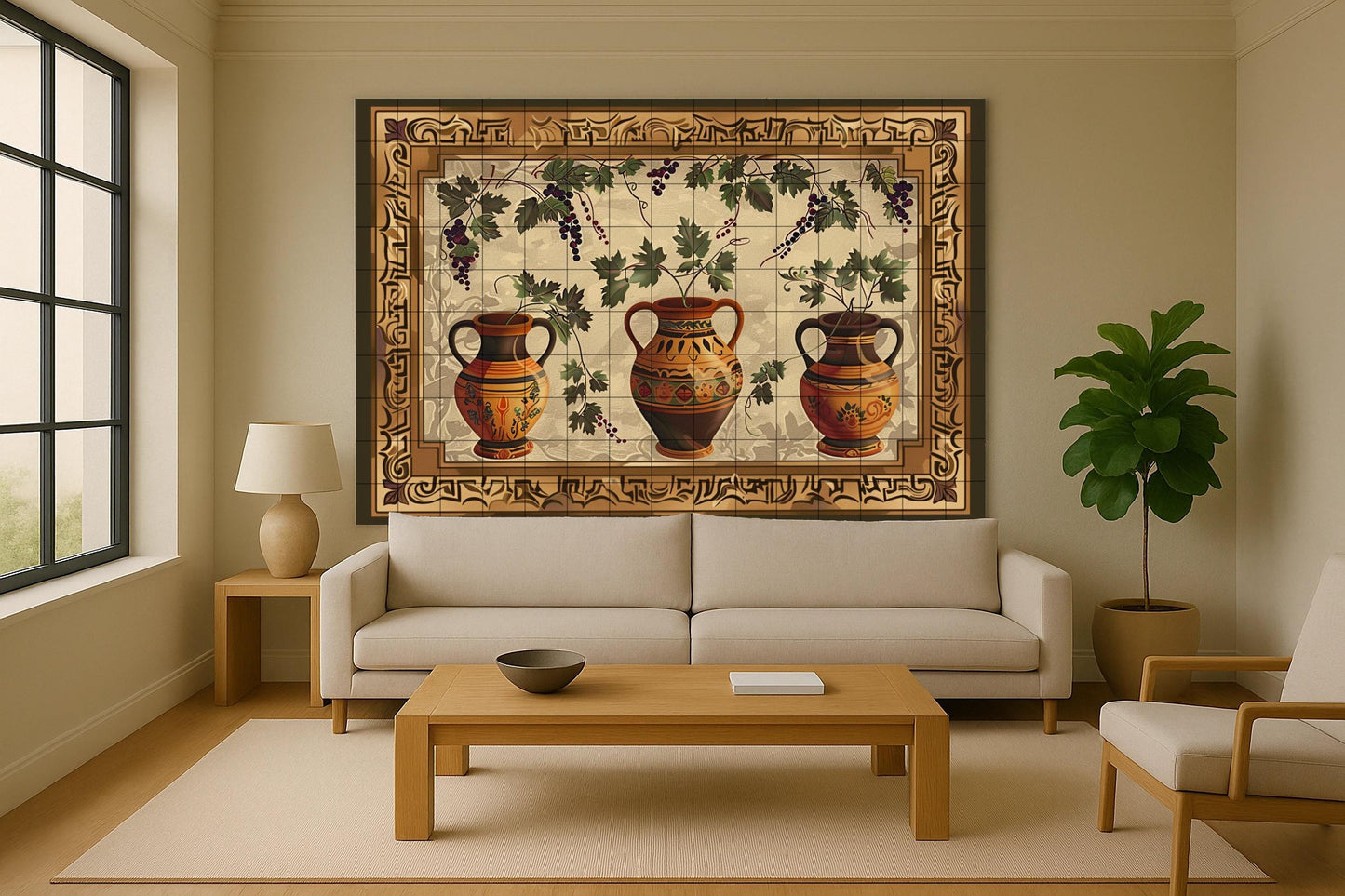 Mediterranean amphora tile mural • Rustic terracotta ceramic with grapes • Tuscan ceramic wall panel in vintage wine decor style