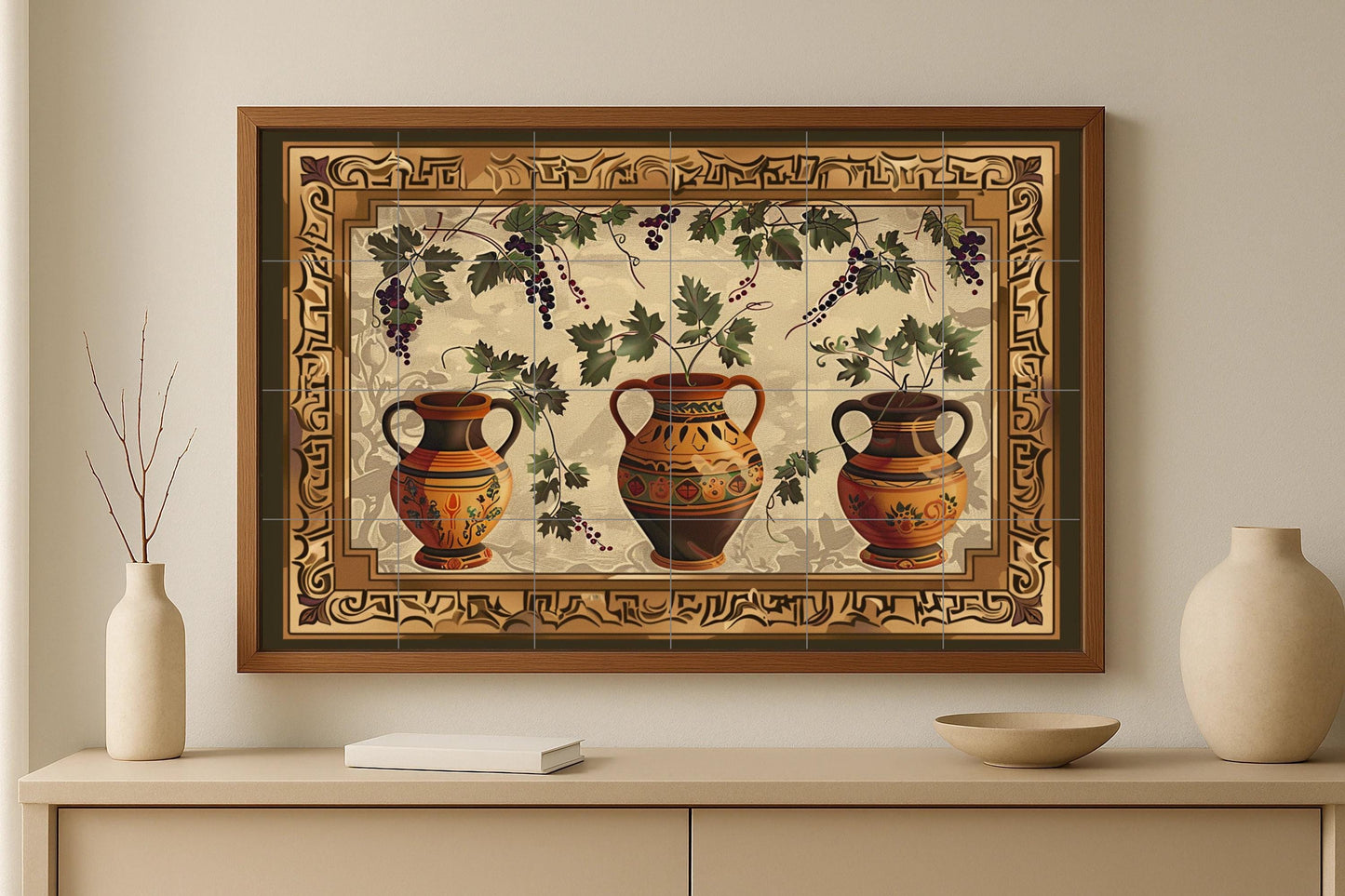 Mediterranean amphora tile mural • Rustic terracotta ceramic with grapes • Tuscan ceramic wall panel in vintage wine decor style