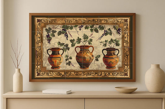 Mediterranean amphora tile mural • Rustic terracotta ceramic with grapes • Tuscan ceramic wall panel in vintage wine decor style