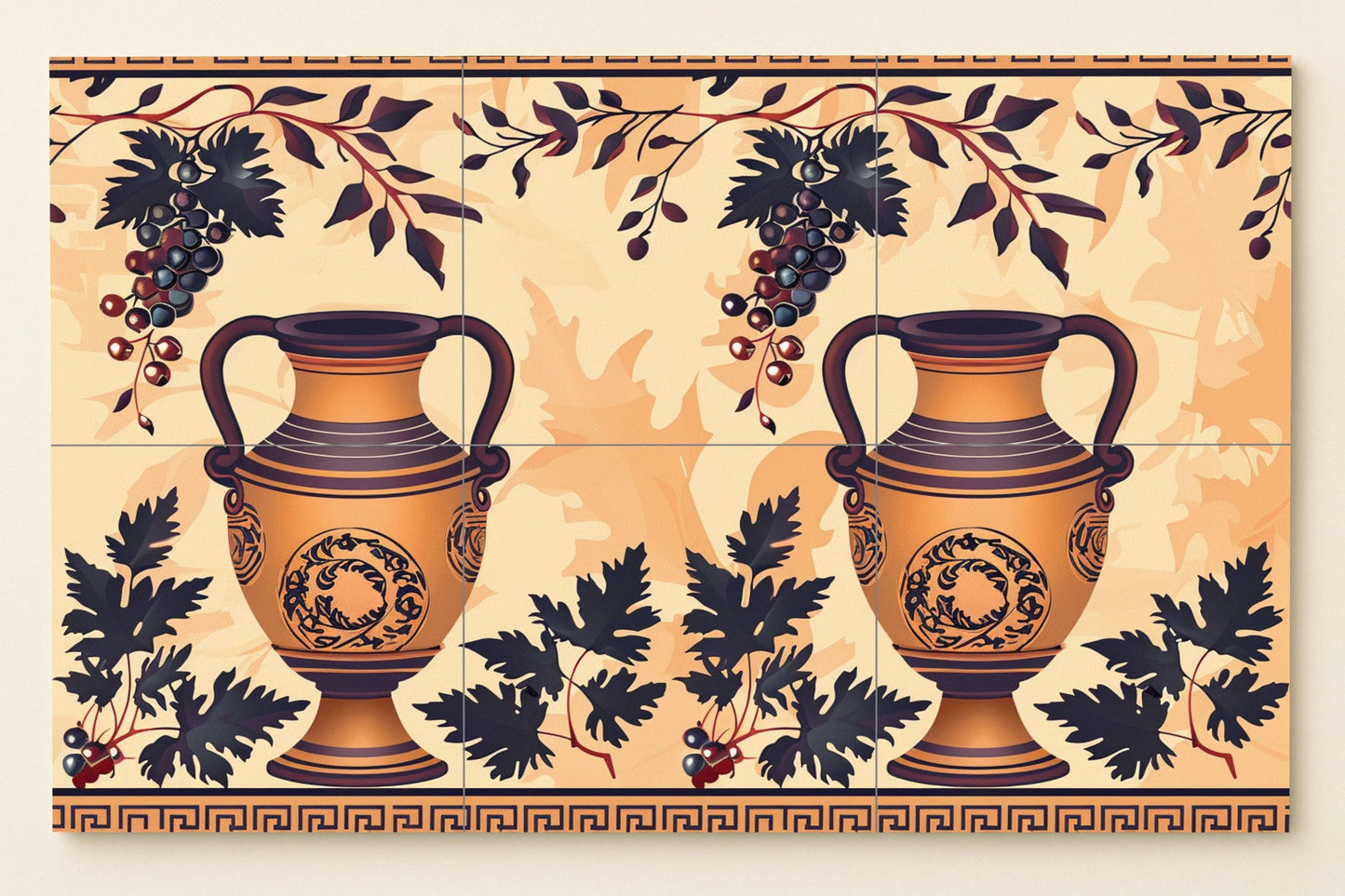 Greek amphora tile mural • Ancient ceramic and vine wall art • Mediterranean ceramic panel with Attic wine motif decoration