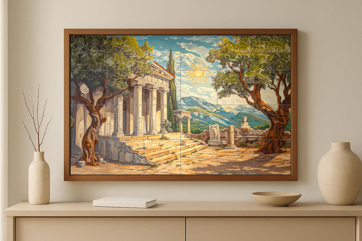 Tile mural of a Greek temple • Ceramic panel of ancient ruins • Classical architectural wall art • Hellenic heritage scene for cultural decoration