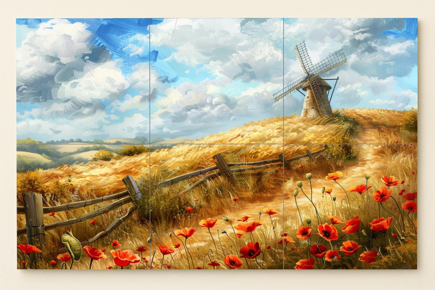 English Countryside Tile Mural • Wild Poppy Field Ceramic Art • Windmill Wall Panel • British Rural Landscape for Rustic Decor