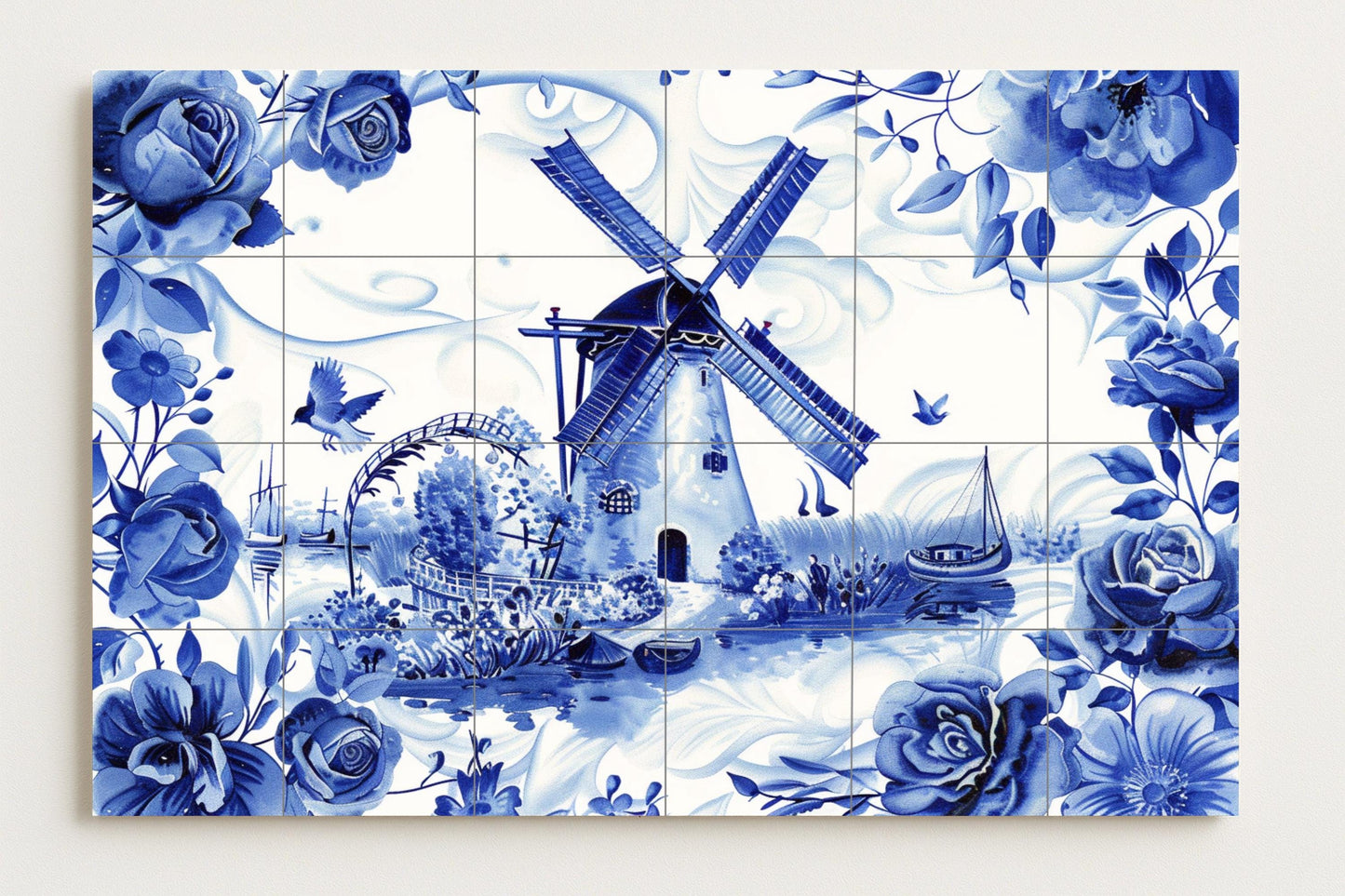 Dutch Windmill Tile Mural • Delft Blue Floral Ceramic Panel • Dutch Countryside Wall Art • Holland Canal Scene Home Decor