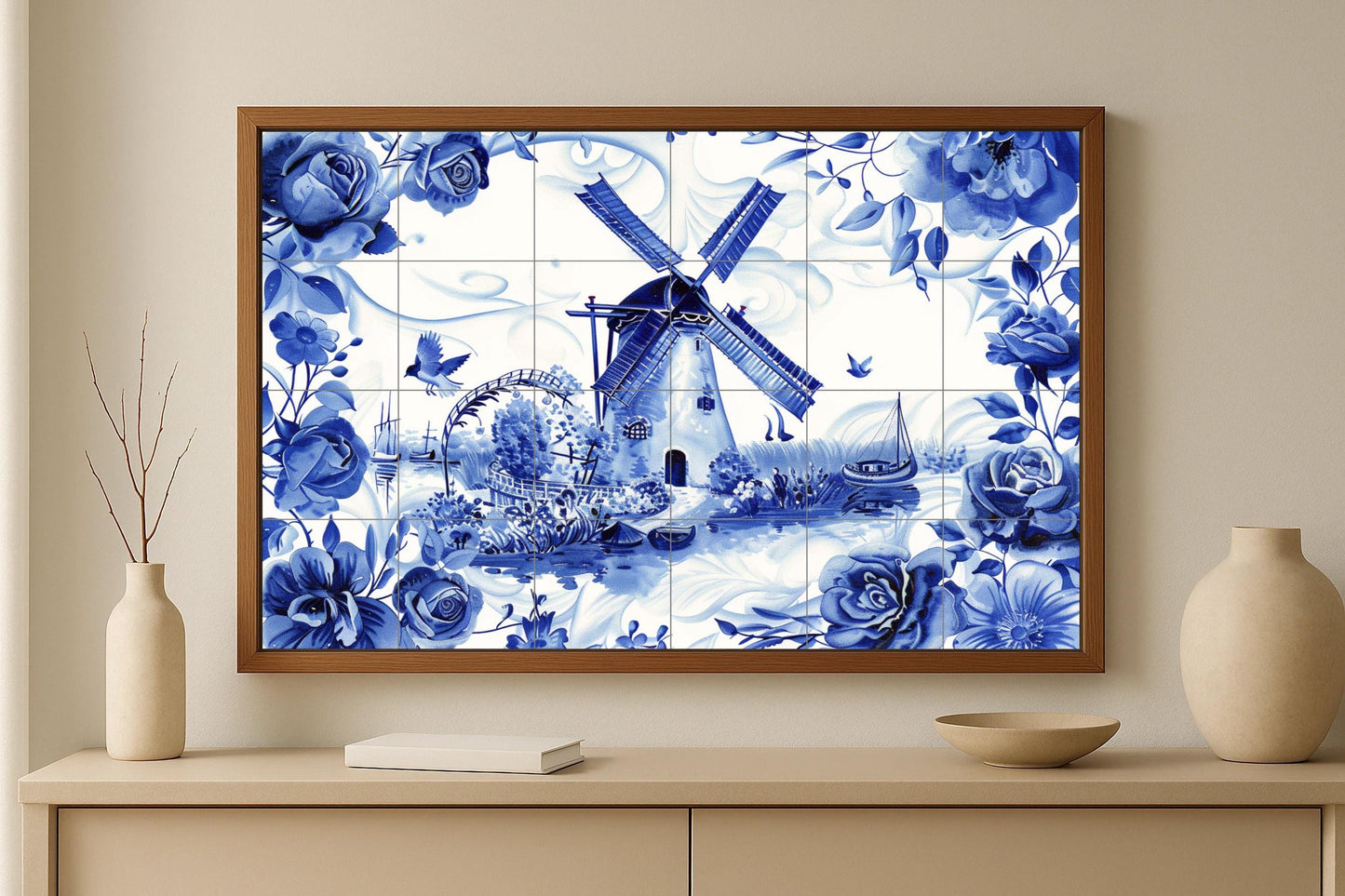 Dutch Windmill Tile Mural • Delft Blue Floral Ceramic Panel • Dutch Countryside Wall Art • Holland Canal Scene Home Decor