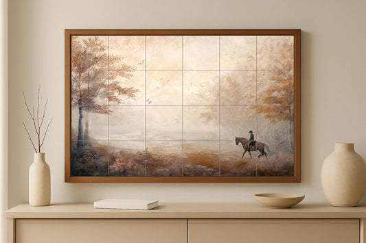Appalachian Rider Tile Mural • American Landscape Ceramic Art • Misty Forest Panel • Rustic Wall Decor • Smoky Mountains Design