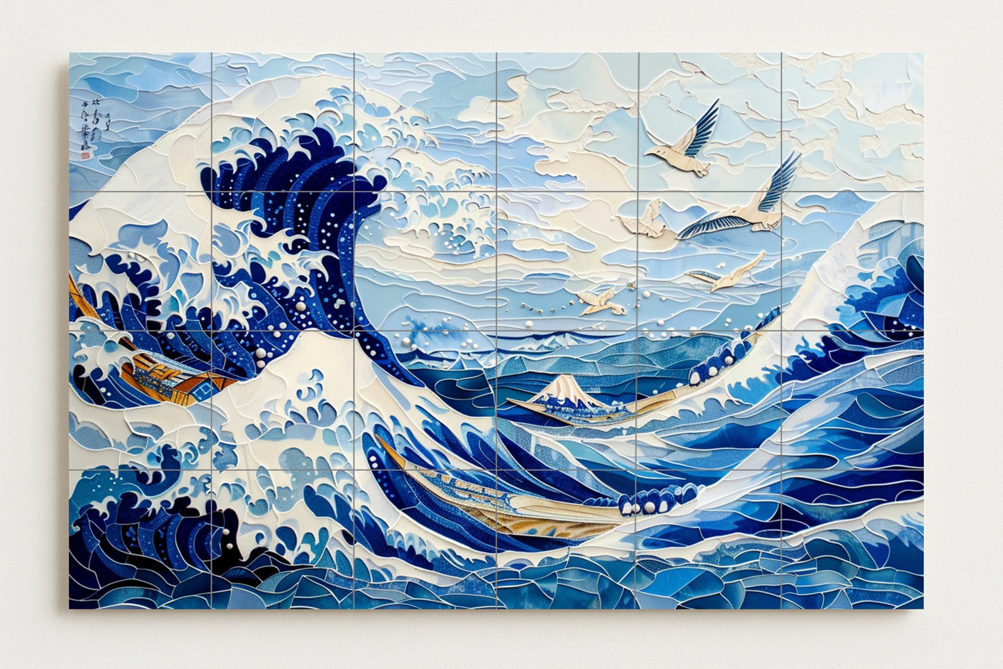 Great Wave Tile Mural • Japanese Ceramic Art Panel • Hokusai-Inspired Ocean Wall Decor • Seigaiha Style • Edo Seascape Interior Design