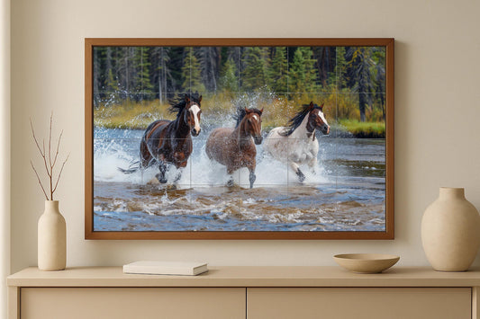 Wild Horse Tile Mural • Western Nature Ceramic Panel • Montana Mustang Wall Art • Rustic River Scene • Equine Freedom Decor