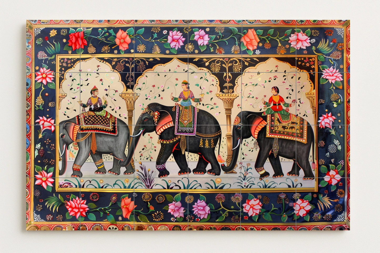Tile mural with Mughal elephant procession • Art panel from the Jaipur palace • Ceramics inspired by Indian miniatures • Floral wall decoration from Rajasthan