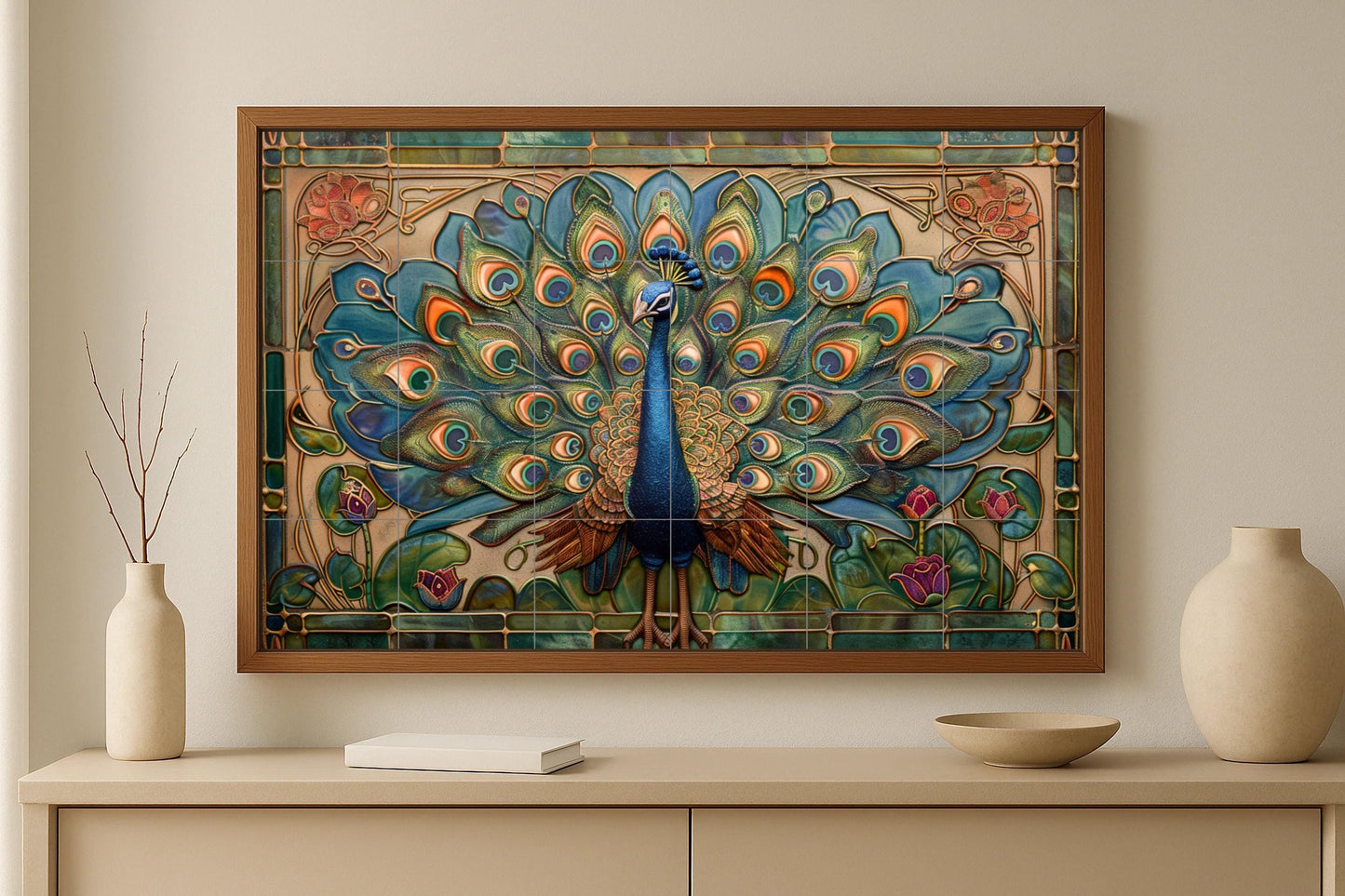 Art Nouveau peacock tile mural • Viennese Secession ceramic panel • Jugendstil stained glass • Elegant decorative bird design