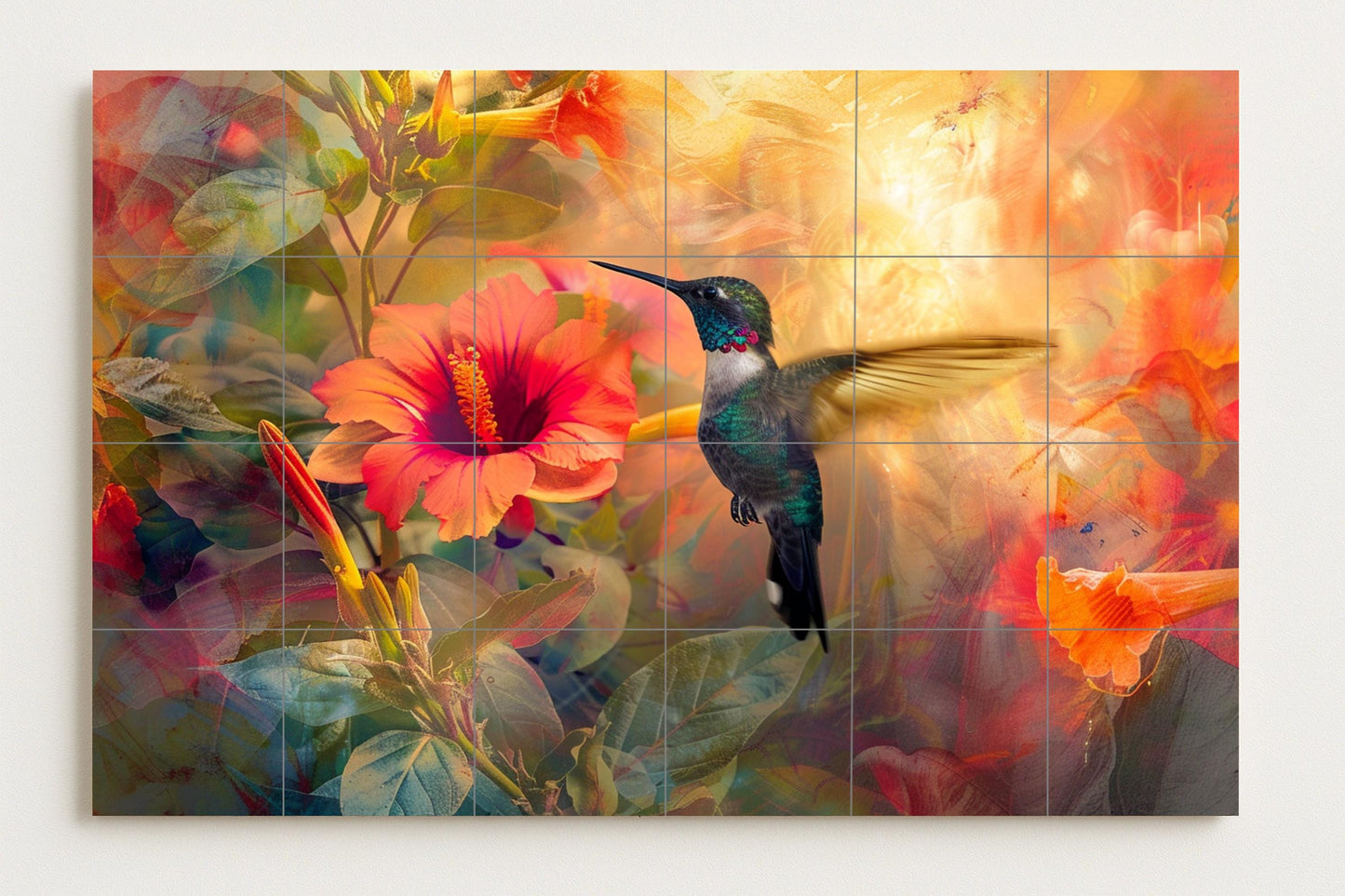 Hummingbird Flower Tile Mural • Caribbean Tropical Wall Art • Hibiscus Flower Ceramic Panel • Latin Garden Bird Design • Colorful Decor