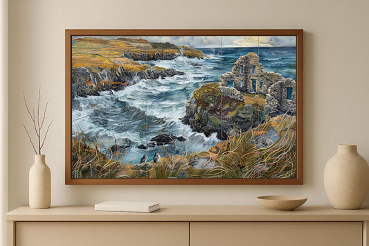 Irish Coast Tile Mural • Celtic Ruins Wall Panel • Wild Atlantic Way Ceramic Art • Puffin Island Seascape • Natural Stone Decoration