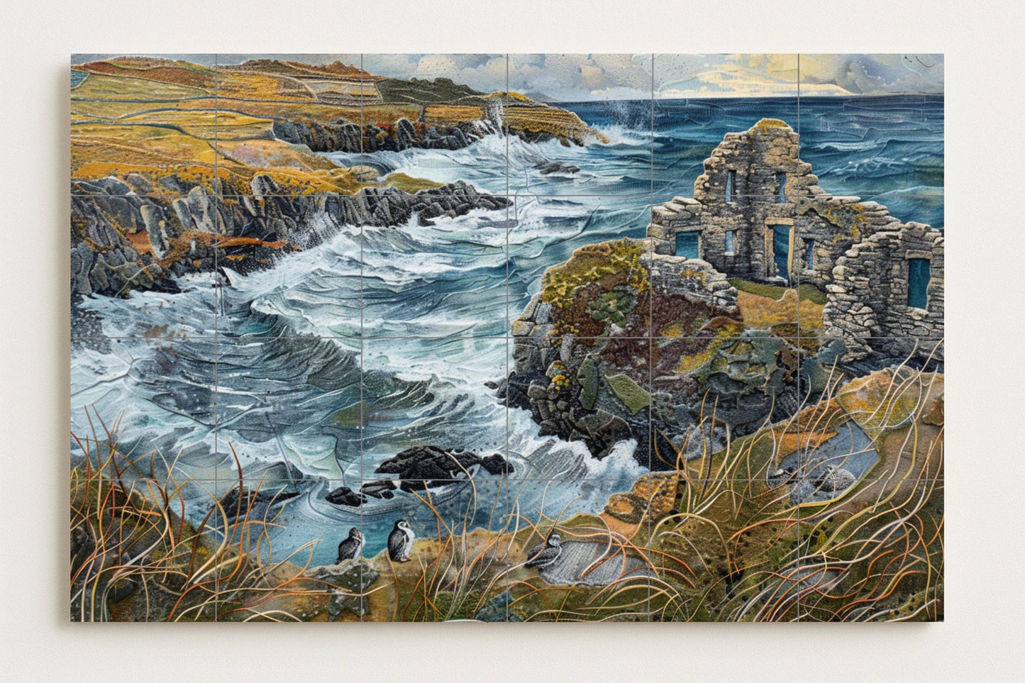Irish Coast Tile Mural • Celtic Ruins Wall Panel • Wild Atlantic Way Ceramic Art • Puffin Island Seascape • Natural Stone Decoration