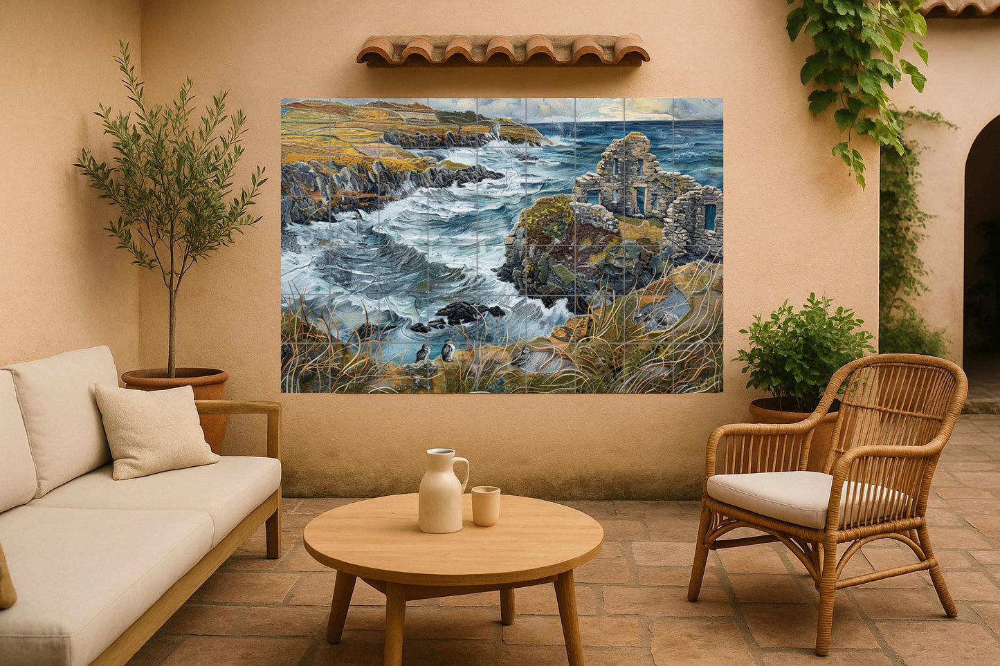 Irish Coast Tile Mural • Celtic Ruins Wall Panel • Wild Atlantic Way Ceramic Art • Puffin Island Seascape • Natural Stone Decoration