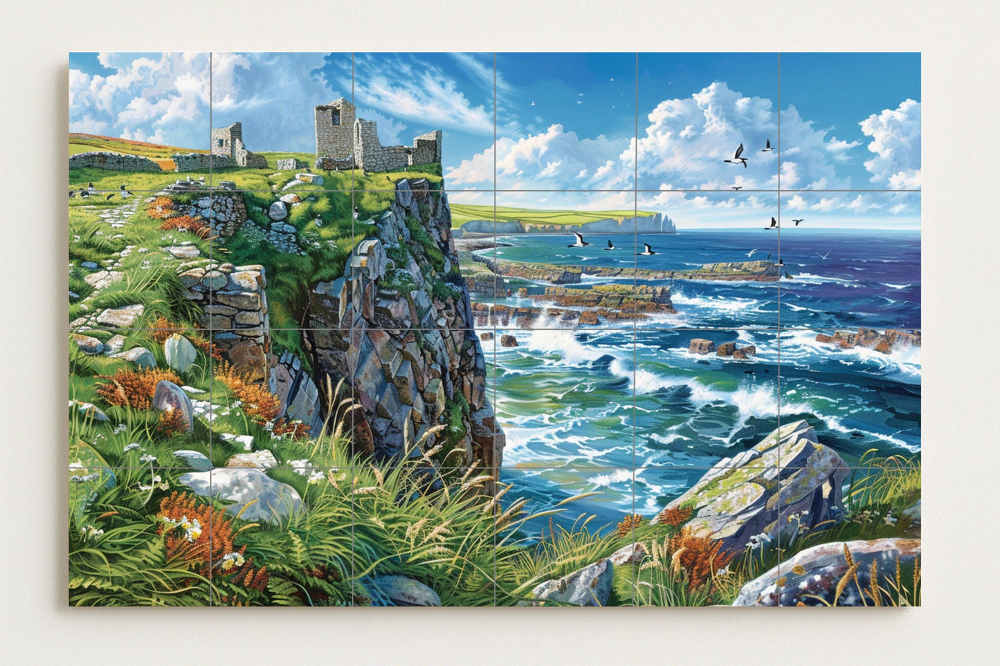 Northern Ireland tile mural • Giant's Causeway seascape panel • Coastal ruin pottery • Celtic cliff art • Irish landscape decoration