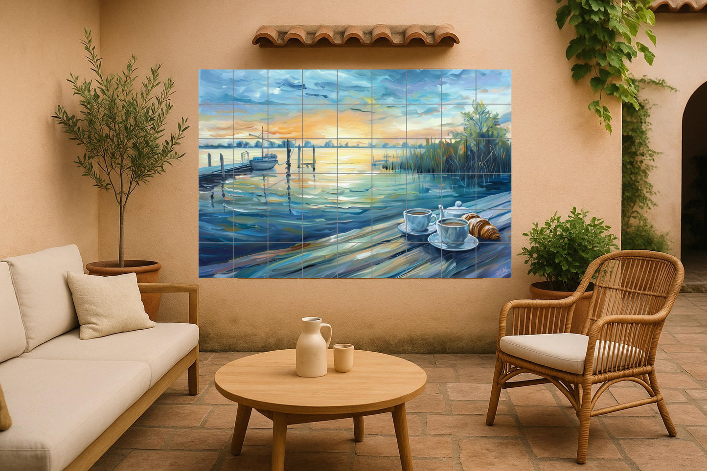 Lakeside tile mural • French breakfast art panel • Croissant and coffee ceramic • Sunrise by the water wall decor • Elegant home design