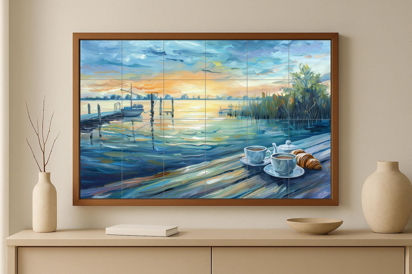 Lakeside tile mural • French breakfast art panel • Croissant and coffee ceramic • Sunrise by the water wall decor • Elegant home design
