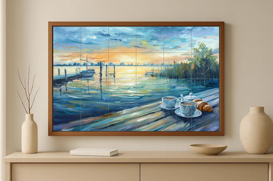 Lakeside tile mural • French breakfast art panel • Croissant and coffee ceramic • Sunrise by the water wall decor • Elegant home design