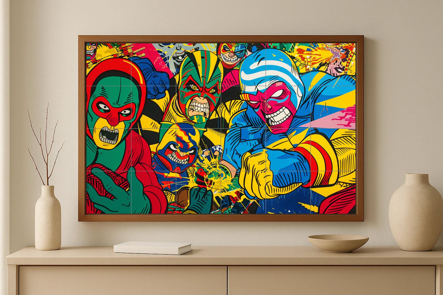 Lucha Libre Tile Mural • Mexican Comic Book Art Panel • Retro Lucha Libre Ceramics • Colorful Pop Wall Decor with Vintage Superhero Energy