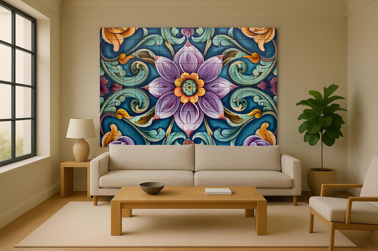 Mural of popular Russian tiles • Floral panel inspired by Khokhloma • Slavic ornamental ceramics with baroque swirls and a bold hand-painted look