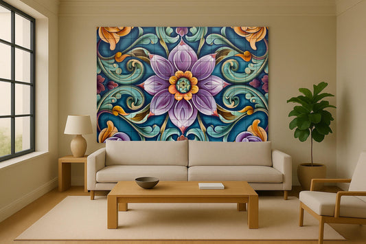 Mural of popular Russian tiles • Floral panel inspired by Khokhloma • Slavic ornamental ceramics with baroque swirls and a bold hand-painted look