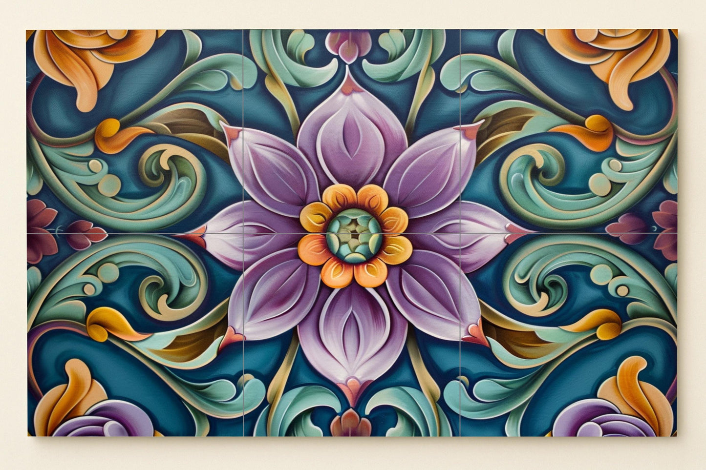 Mural of popular Russian tiles • Floral panel inspired by Khokhloma • Slavic ornamental ceramics with baroque swirls and a bold hand-painted look
