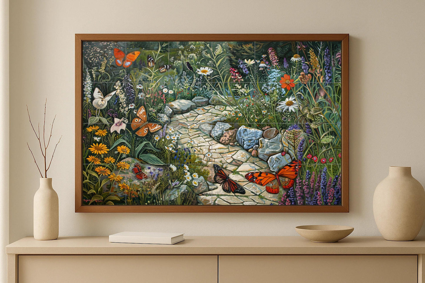 Butterfly Garden Tile Mural • English Countryside Ceramic Panel • Cottage Pathway Art • Pollinating Wildflower Wall for Natural Spaces