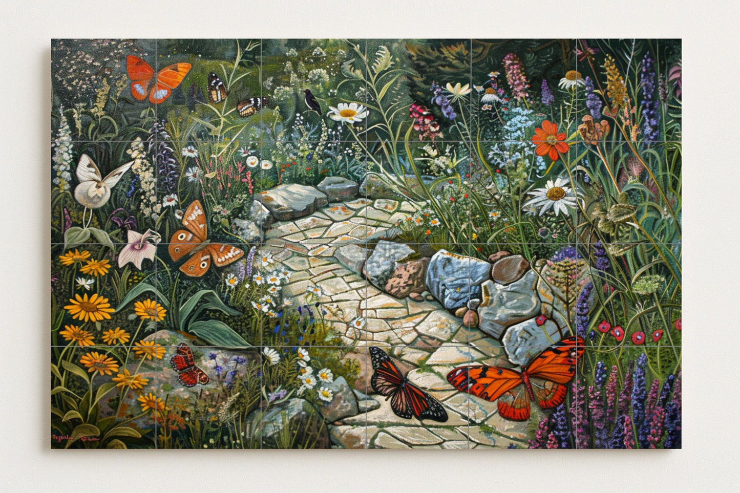 Butterfly Garden Tile Mural • English Countryside Ceramic Panel • Cottage Pathway Art • Pollinating Wildflower Wall for Natural Spaces