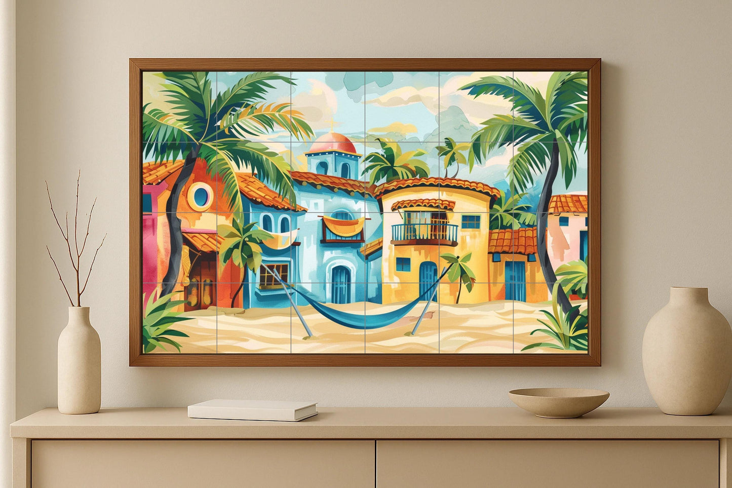 Caribbean Beach Tile Mural • Sayulita Tropical House Panel • Hammock Scene Ceramic • Coastal Village Wall Art for Summer Interiors