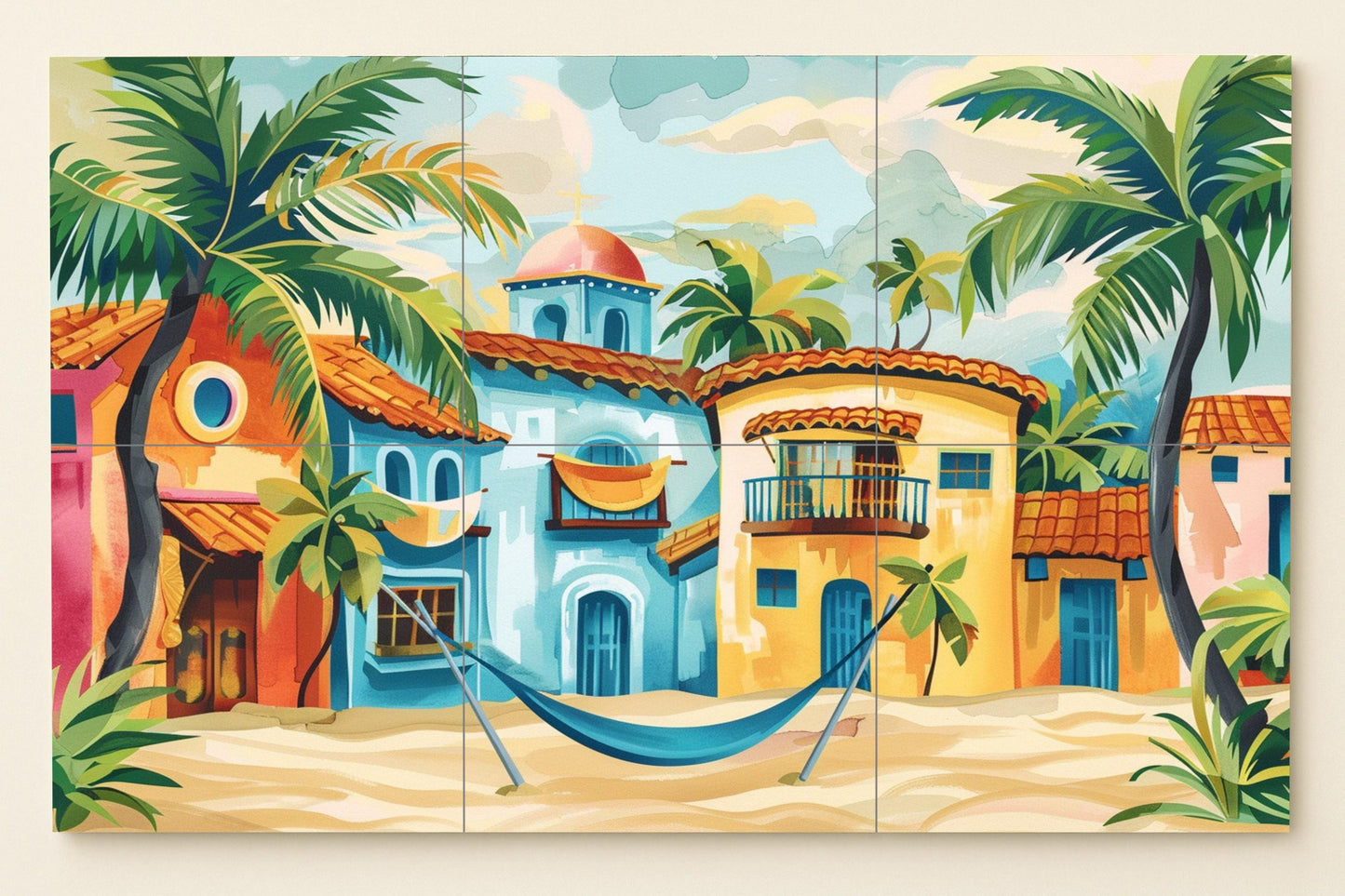 Caribbean Beach Tile Mural • Sayulita Tropical House Panel • Hammock Scene Ceramic • Coastal Village Wall Art for Summer Interiors