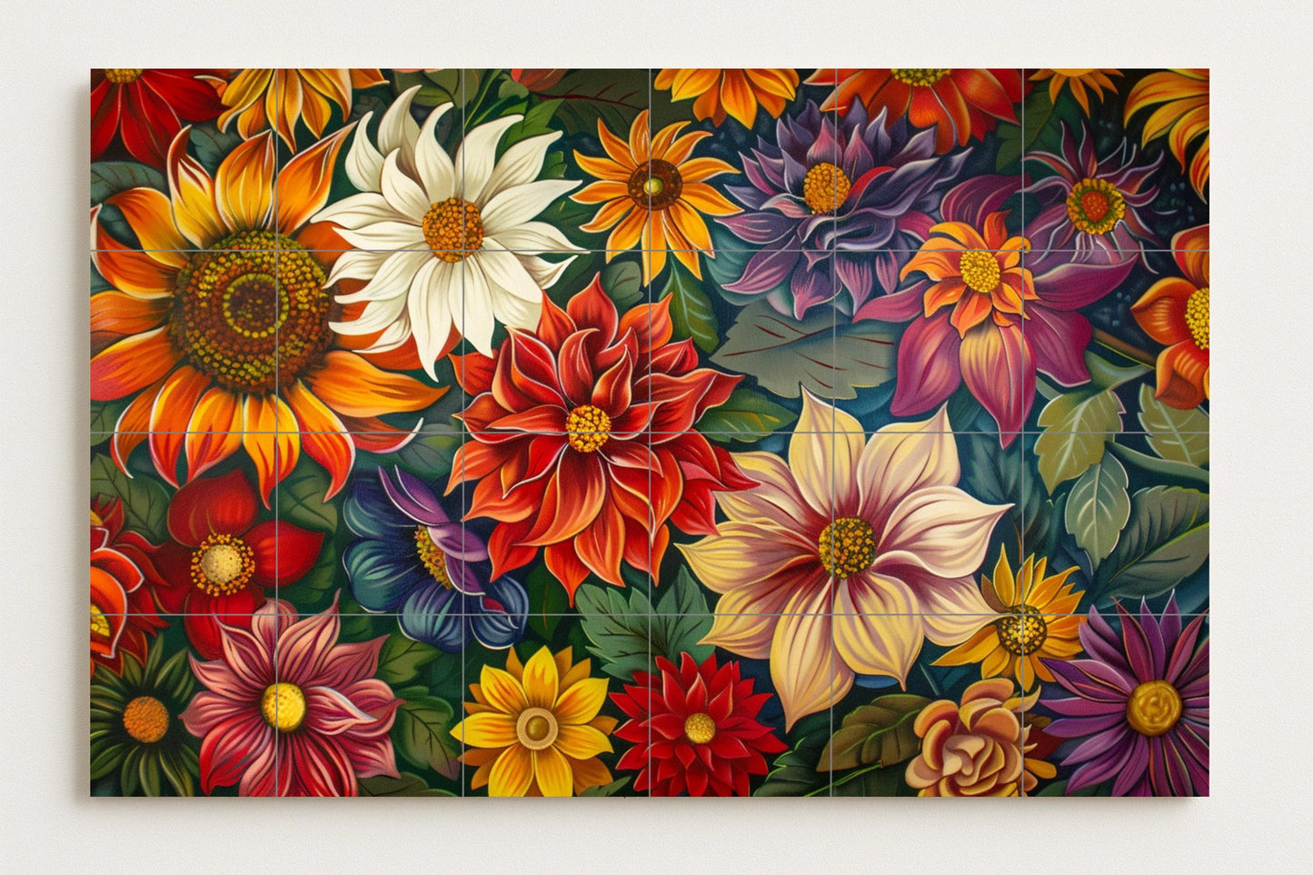 Mexican Dahlia Tile Mural • San Ángel Flower Wall Panel • Colorful Ceramic Garden • Folk Art Floral Tiles for Kitchen or Patio Decor