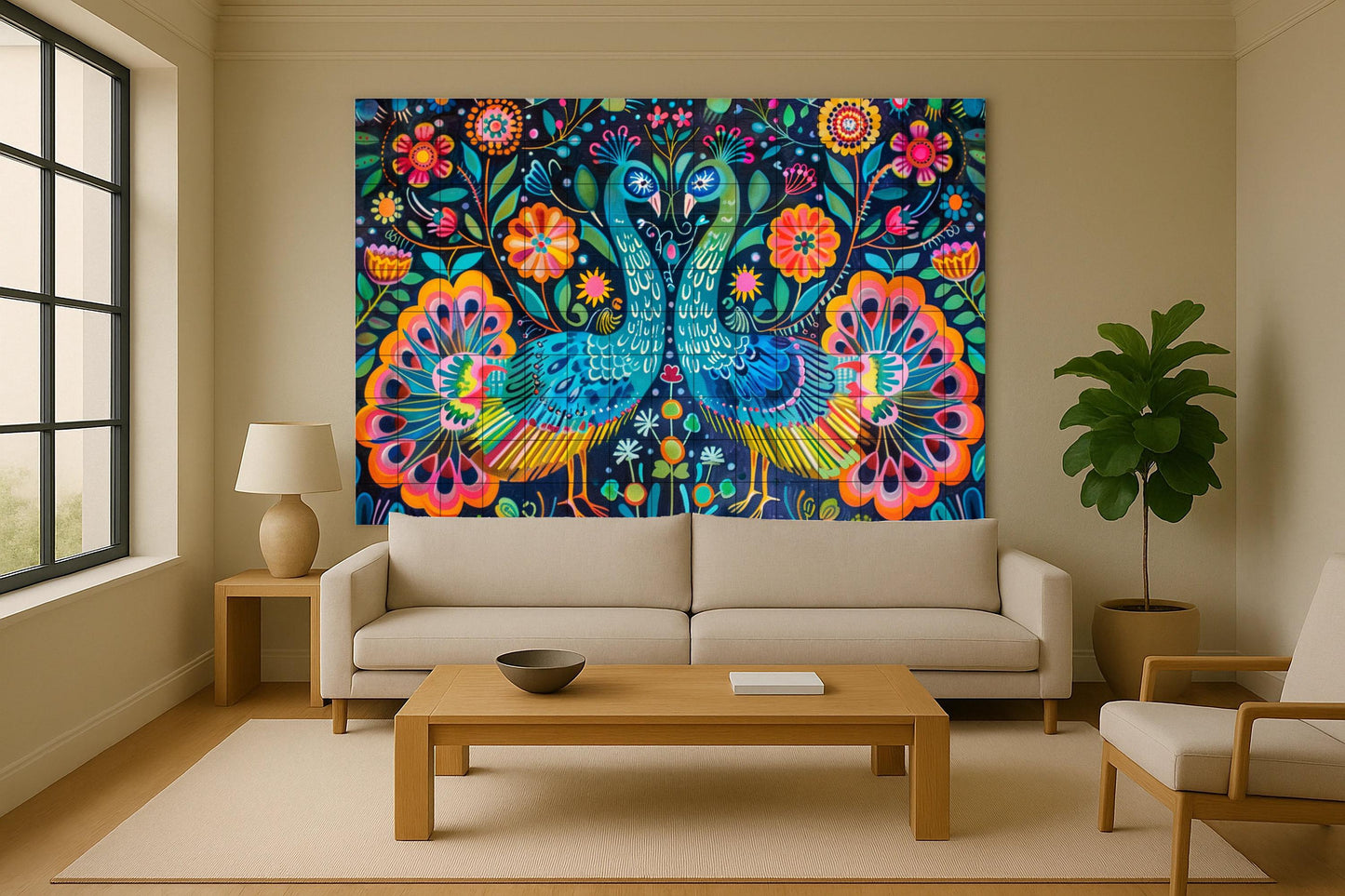 Otomi Peacock Tile Mural • Mexican Folk Art Wall Panel • Colorful Symmetrical Ceramics • Floral Birds from Hidalgo for Kitchen or Gallery