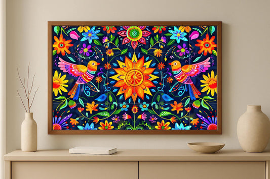 Otomi tile mural • Wall panel with Mexican sun and birds • Colorful floral ceramic • Hidalgo folk art tile for kitchen or party decoration