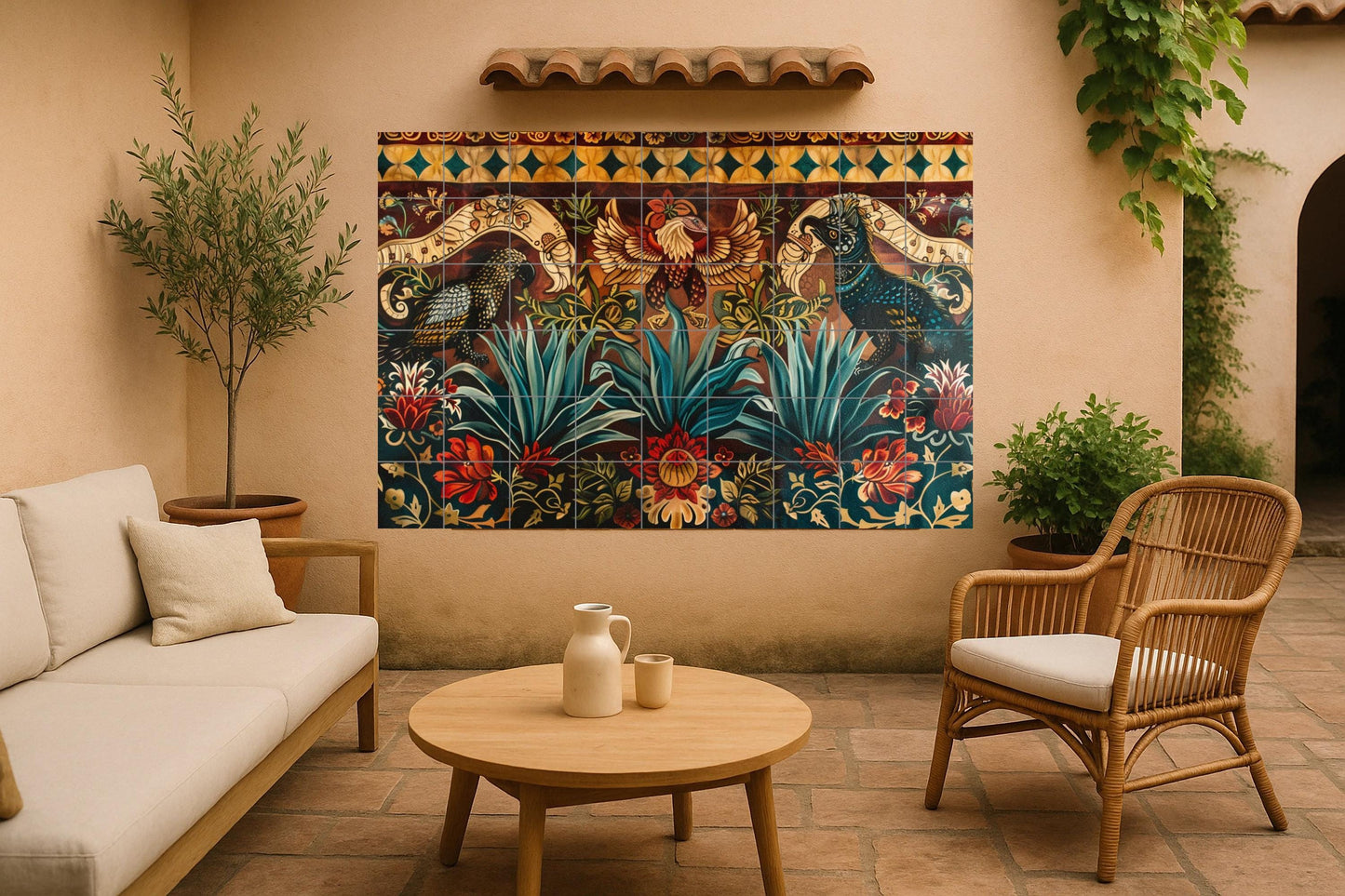 Mural of popular Mexican tiles • Agave and bird ceramics from Oaxaca • Wall panel with alebrije art • Talavera-style kitchen decor with festive floral motifs