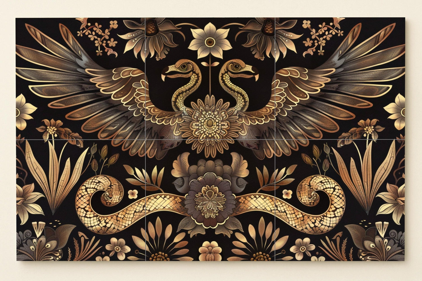 Folk art bird tile mural • Ukrainian symmetrical ceramics • Baroque floral snake design • Slavic folk ornamental wall decoration